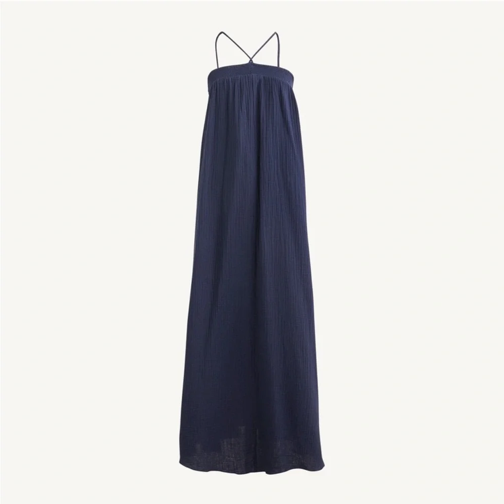 J. Crew Halter Maxi Dress In Soft Gauze Navy Blue 100% Cotton - XS